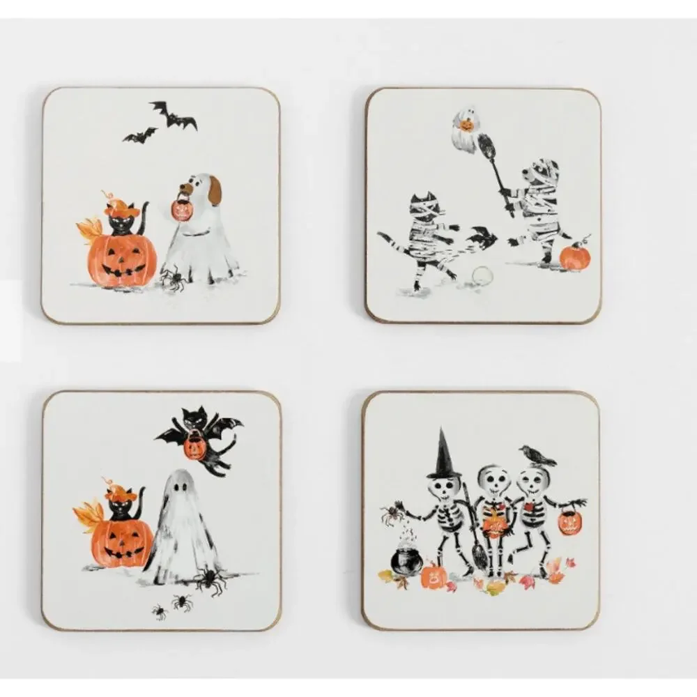 Pottery Barn Doug & Friends Coasters Cork Set of 4 Halloween Skeleton Ghost